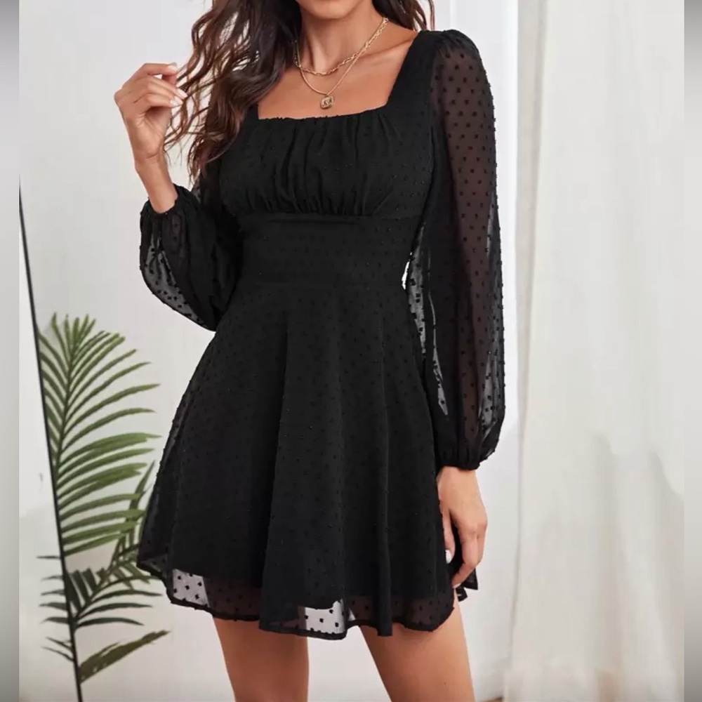 Shein Black Dress Textured Polka Dot Detail Sheer Sleeves